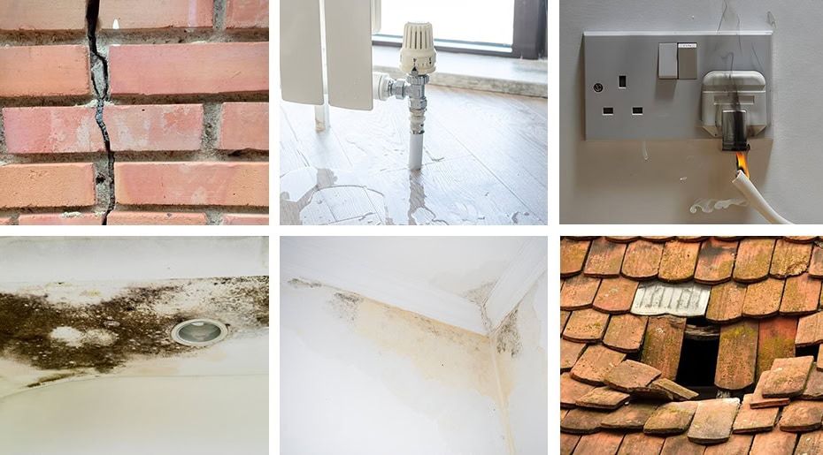 Various house disrepair  damages including cracks, leaks, mould, and elecrical fault.