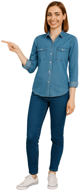 Person in denim outfit pointing with finger.