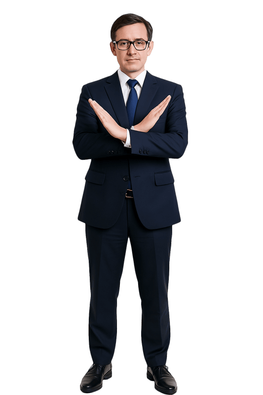 Businessman making crossed arms gesture.